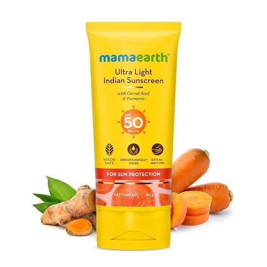 

Mamaearth Ultra Light Indian Sunscreen-80 г с семенами моркови и куркумой | SPF 50 PA ++++| Защита от UVA и UVB лучей | Нежирный и быстро впитывающийся