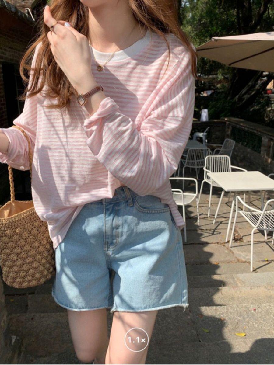 

Женская полосатая футболка с длинным рукавом для защиты от солнца - Легкая, свободная и универсальная для ранней весны и лета. S