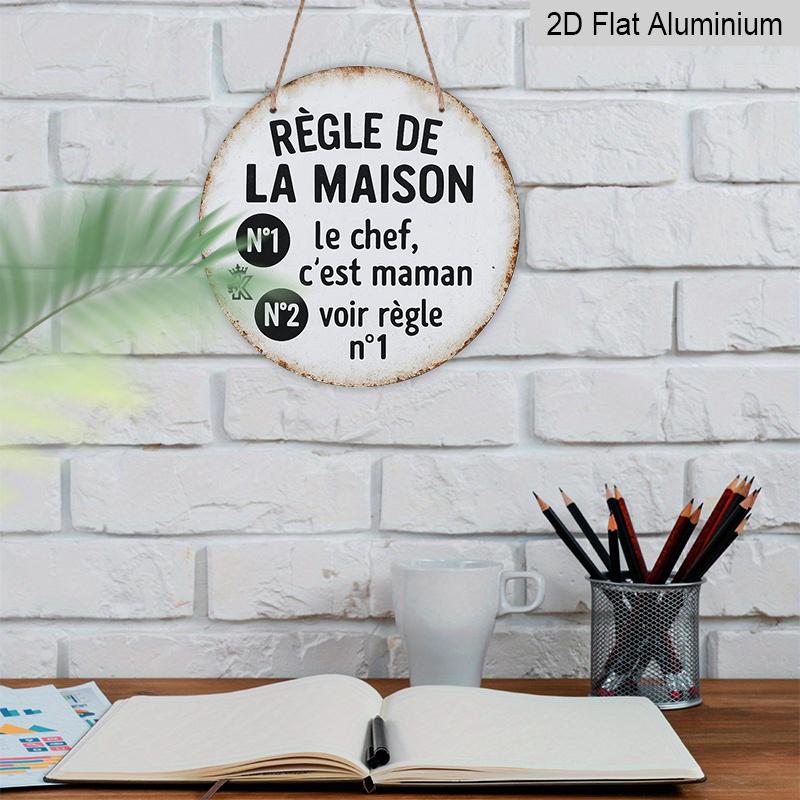2D Flat, 1pc Round Aluminum Hanging Sign, French "Regle De La Maison" - Mom Is The BossFunny Mom Rule Design, Retro Distressed Home Metal Sign