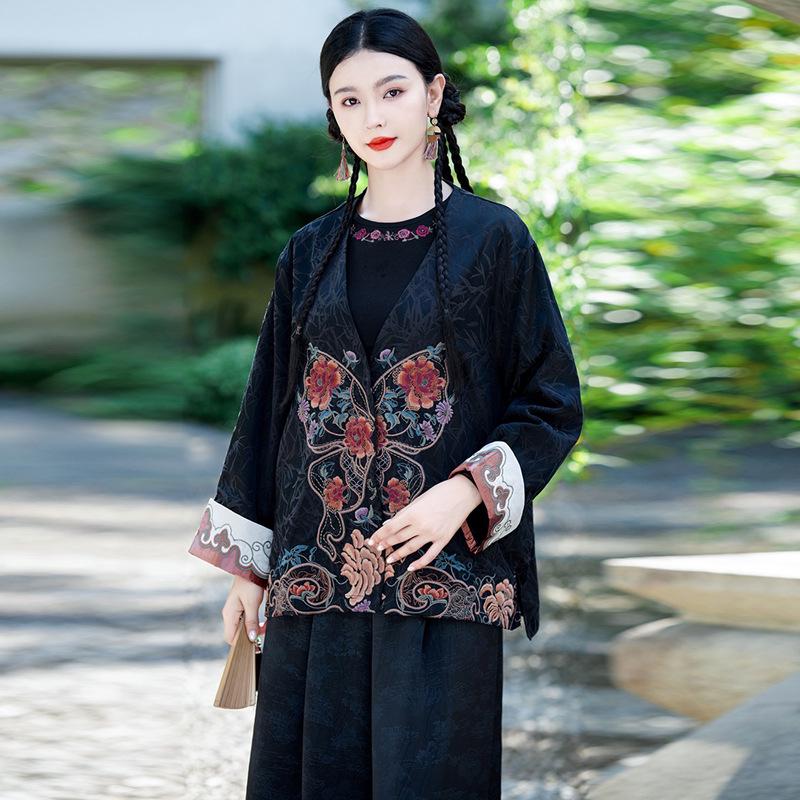 

Женская этническая вышитая весенняя куртка - Ретро свободный повседневный топ с V-образным вырезом Large чёрный