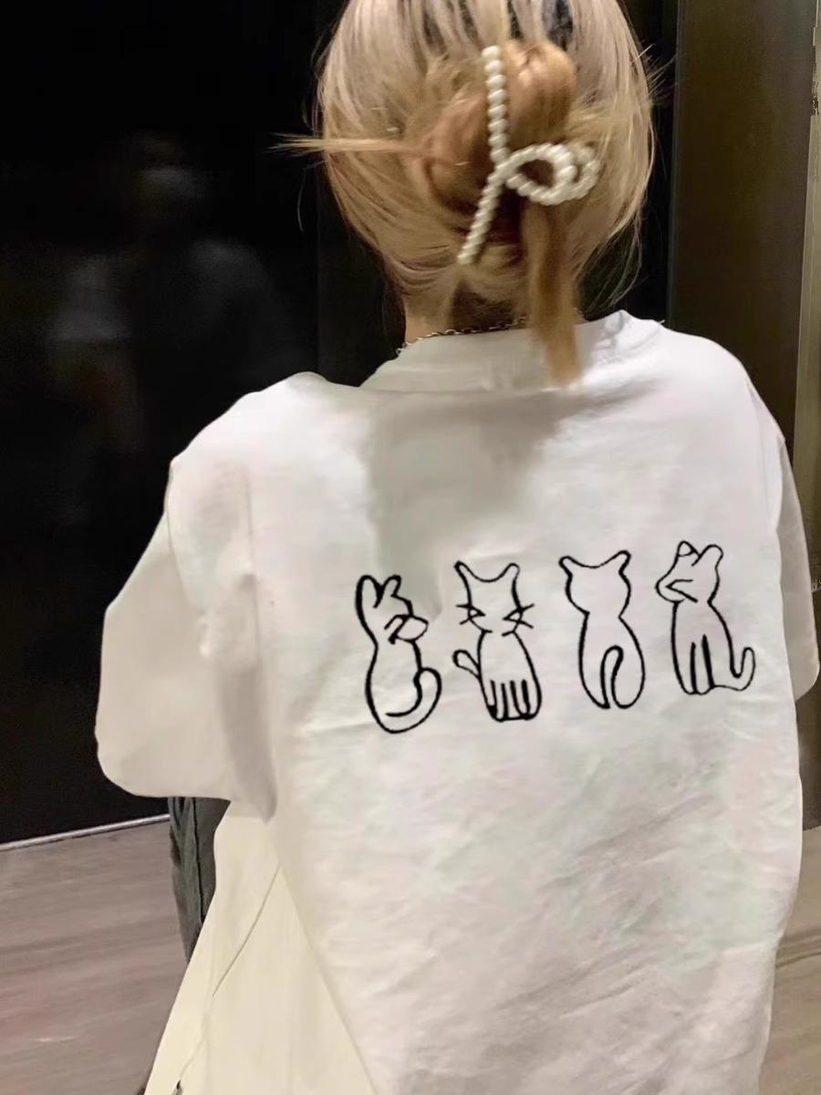 

Women s White Pure Cotton Cartoon Kitten Short Sleeve T-shirt - 2024 American Loose Fit Design M білий