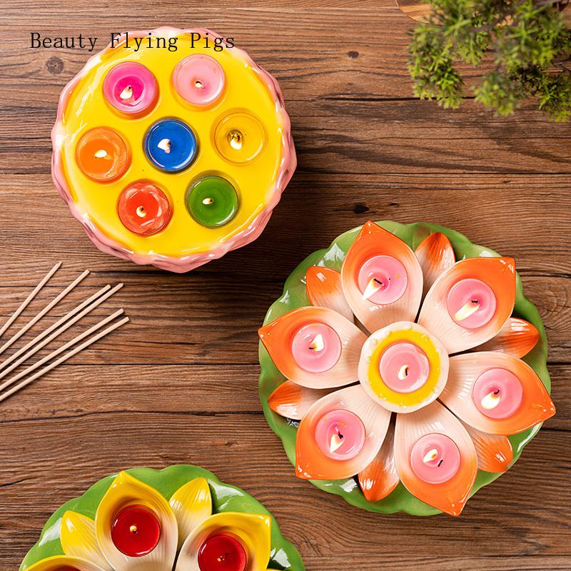 1PCS Ceramic Lotus Candlestick Household Buddha Seven Star Butter Lamp Holder Buddha Utensils