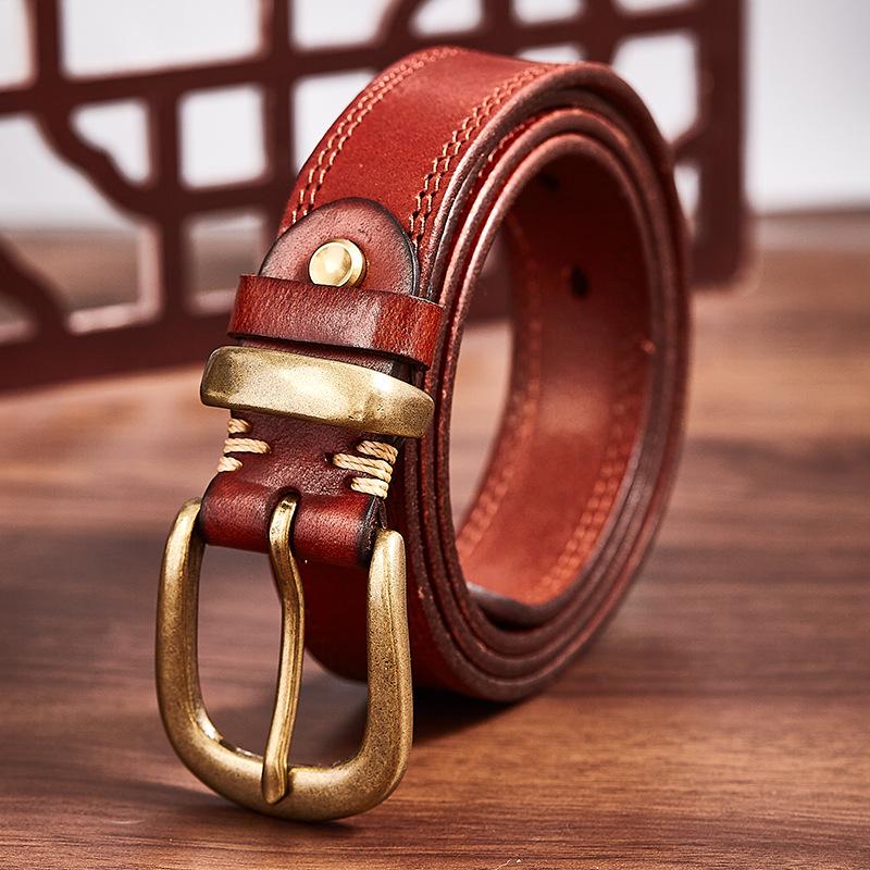 Men's Handmade Retro Leather Belt with Brass Buckle - Genuine Cowhide, Versatile and Trendy for Casual Wear