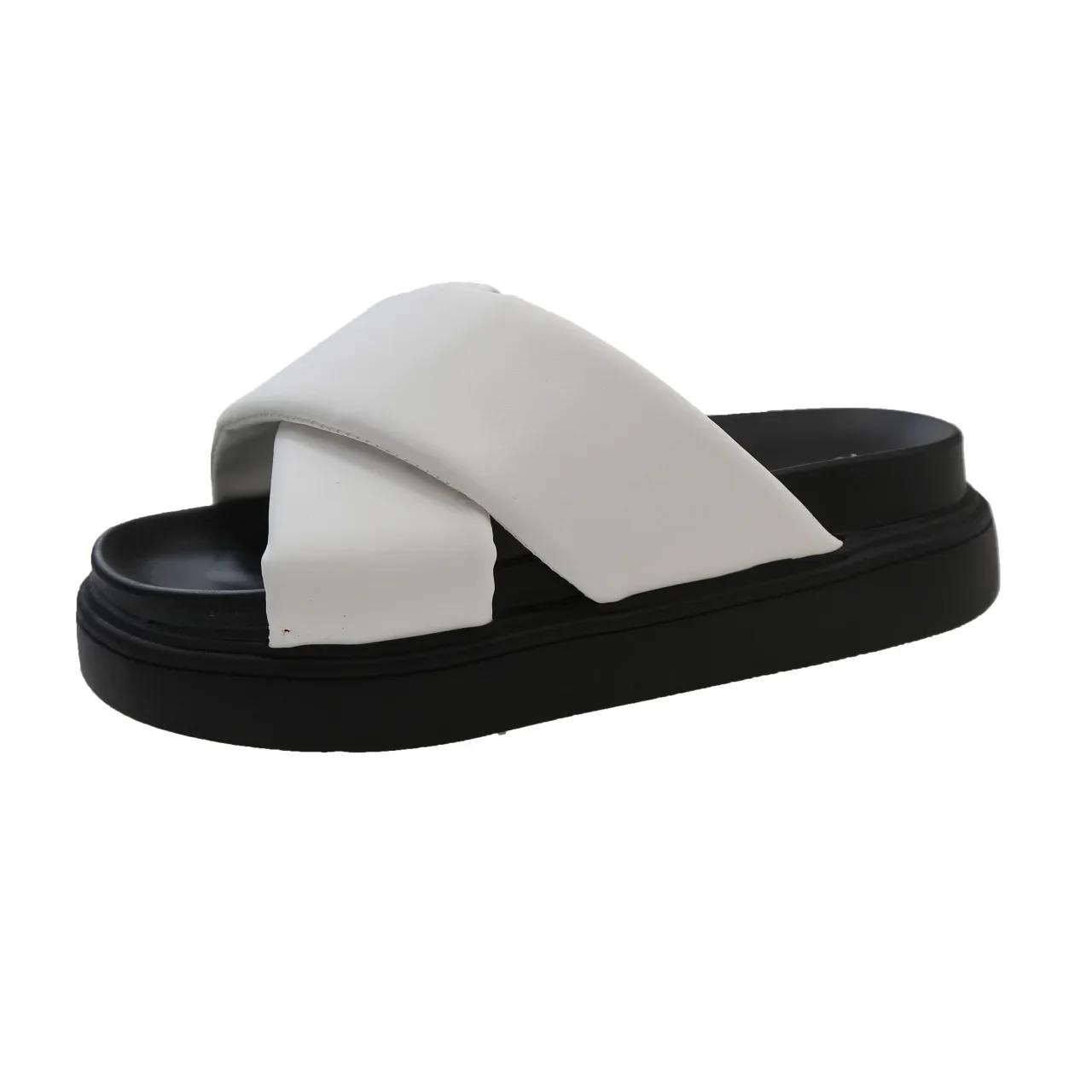 

Модные женские тапочки с перекрестными ремешками на платформе 2024 года, летняя новая модная обувь на плоской подошве, увеличивающая рост, женские сандалии, шлепанцы 40 белый