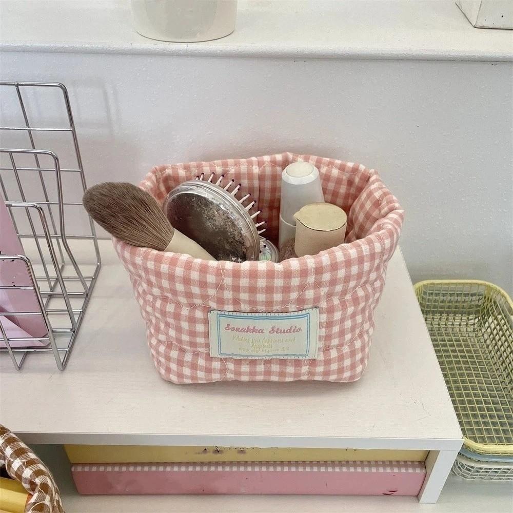 Plaid Stripe Grid Fabric Storage Basket Washable Desk Organize  Kitchen Supplies