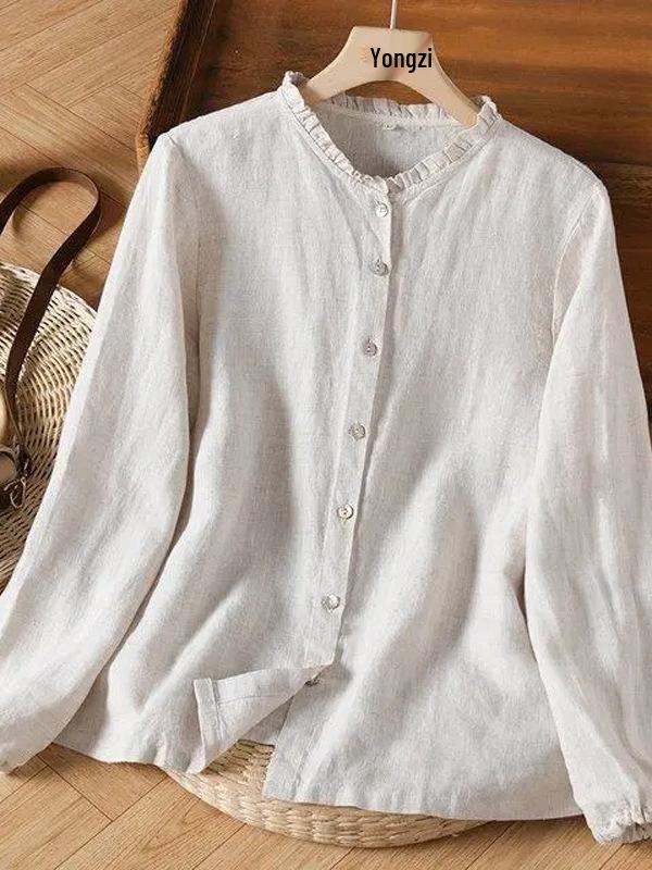 Women's Cotton Linen Ruffled Stand Collar Long Sleeve Retro Cardigan Shirt - Simple, Artistic Style