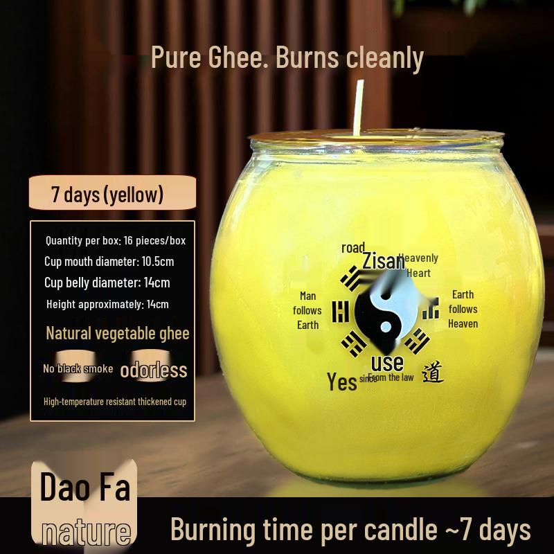 Ghee Oil Candle for Taoist Temple: 7-Day Smokeless Cylindrical Lamp