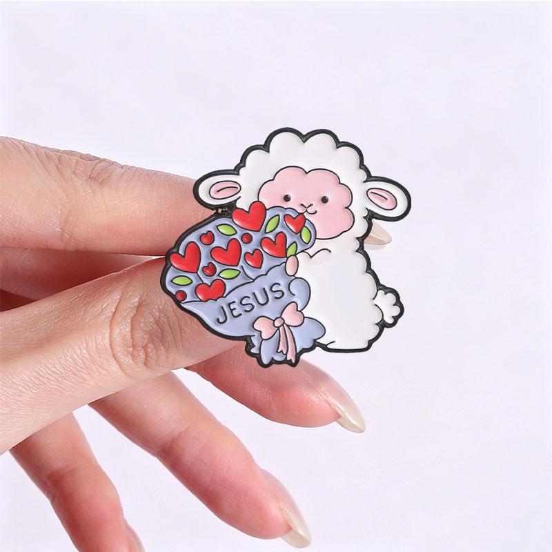 Xiaomi Cute Lamb Holding Jesus Red Heart Flower Bouquet Enamel Pin Prayers Progress Patience Christian Faith Brooch Lapel Badge Jewelry