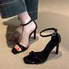 Black Patent Leather Cover Strap Designer High Heels Gladiator Sandal Women Summer Fashion Square Open Toe Party Prom Shoe