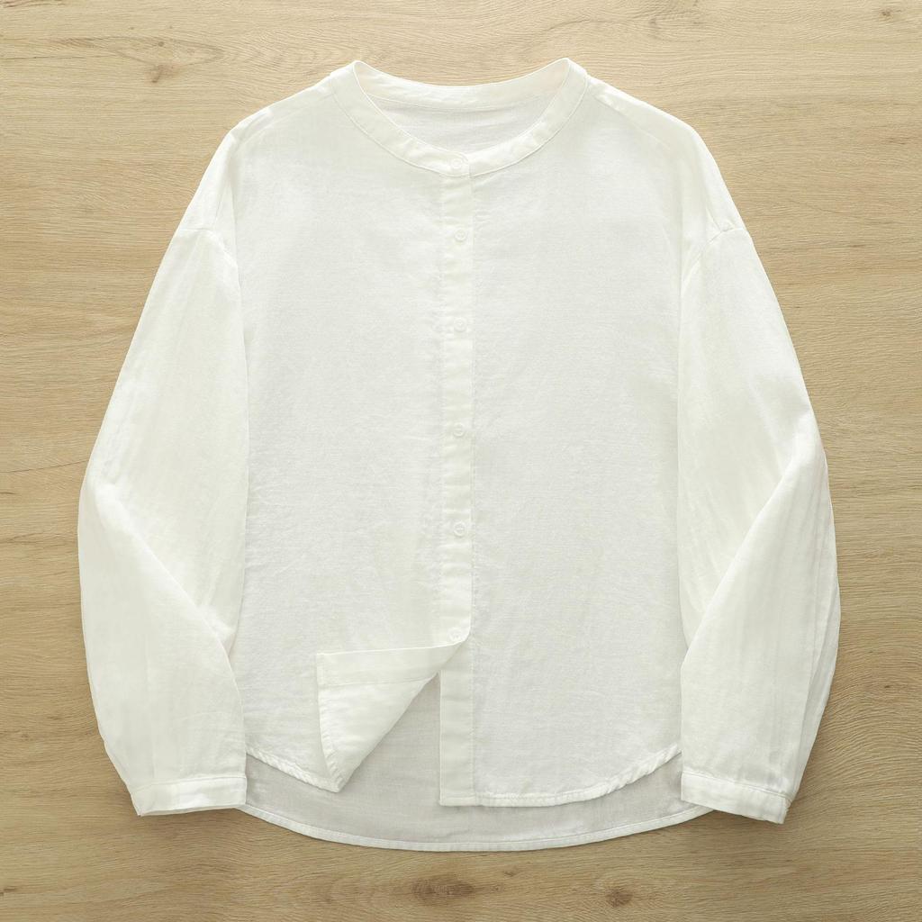Women's Stand Collar Long Sleeve Cotton Gauze Shirt - Solid Color, Breathable, Slimming, 2026 Spring/Autumn Collection