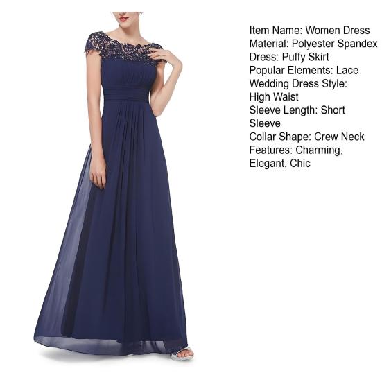 Women's Lace Bridesmaid Dress Cap Sleeve Ruched Round Neck Chiffon Formal Evening Gown A-Line Wedding Guest Maxi Dress for Cocktail Party Prom
