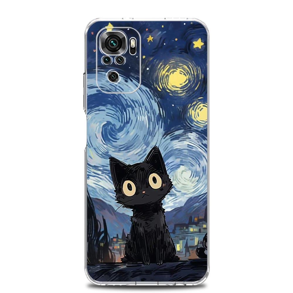 Phone Case For Xiaomi Redmi Note 15 14 13 12 4G 10 11 Pro Plus 5G 14C 13C 12C 10C Clear TPU Cover Cat Van Gogh Starry Sky