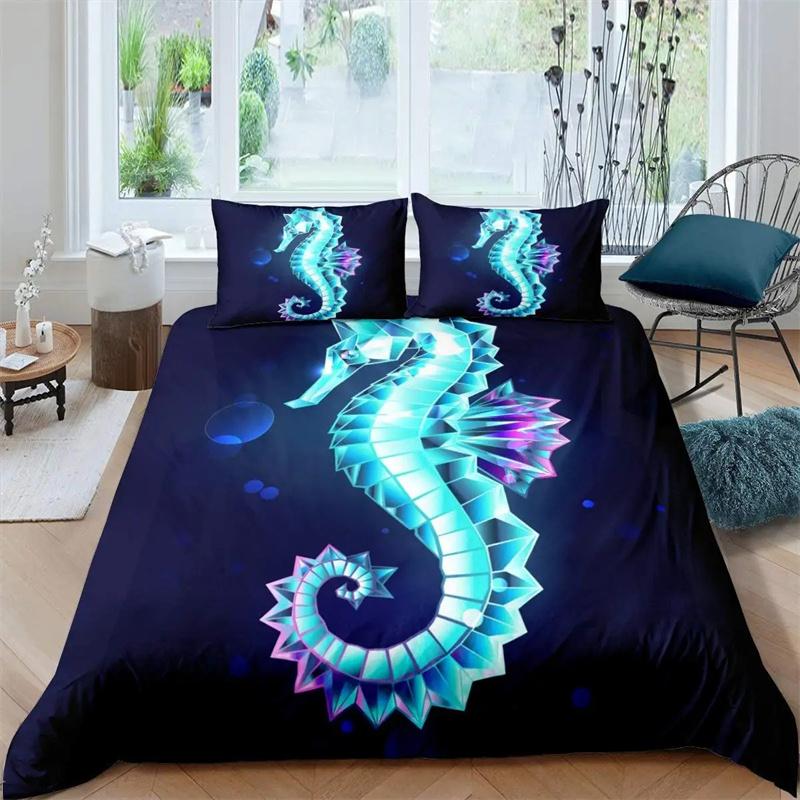 Seahorse Duvet Cover Marine Ocean Animal Print Bedding Set Mediterranean Teal Theme for Kids Women Gifts