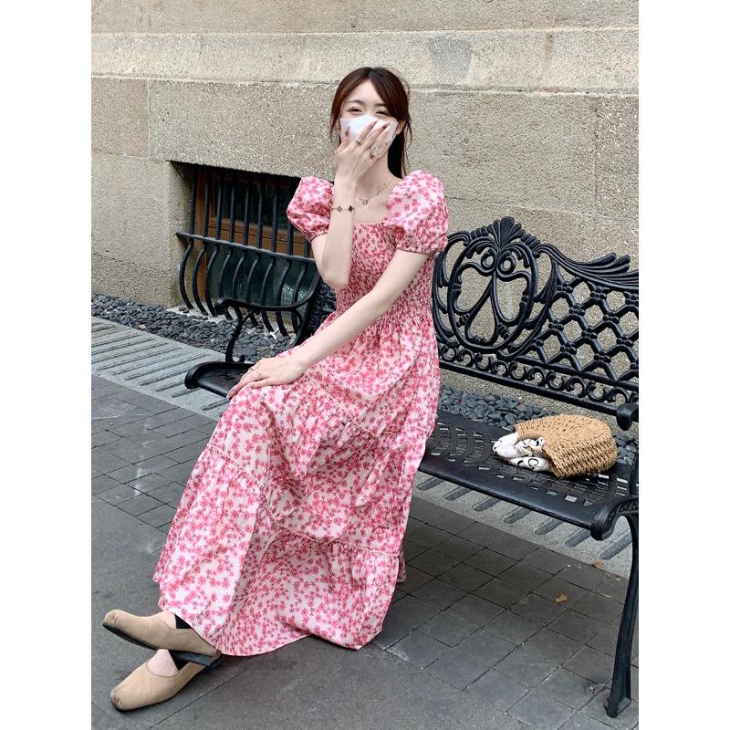 Korean Gentle Style Retro Short-sleeved Floral Skirt Summer New Sweet Temperament Bubble Sleeve Square Collar Waist Large Size Dress