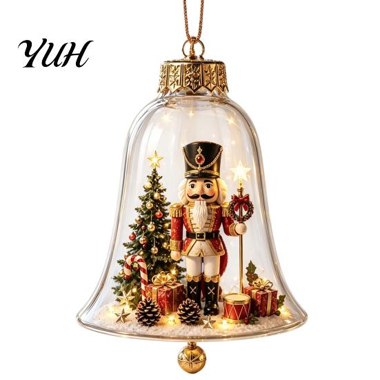 Vintage Christmas Tree Decor 3D Bell Ornament, Winter Scene Clear Decoration with Santa Holiday Home Atmosphere Enhancements Snowman Reindeer