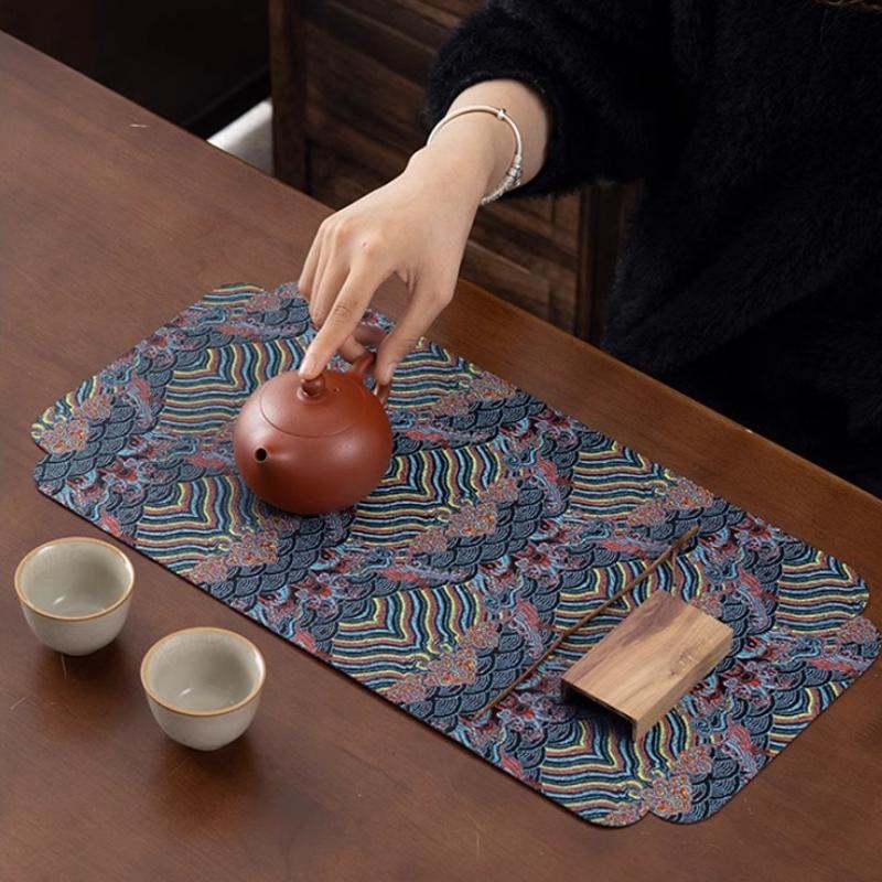 Double-Sided Brocade Tea Mat - Chinese Zen Style Non-Slip Dry Brewing Pad for Tea Ceremony Vintage Table DecorTraditionalCoaster