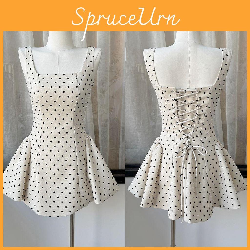 Französisches gepunktetes Sommerkleid für Mädchen, lässig, A-Linie, ärmellos, hohe Taille, mit 3D-Verzierungen