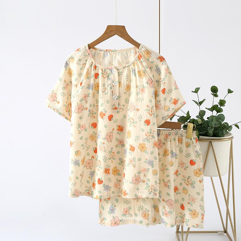 Cotton Yarn Pajamas Women's Summer Round Neck Short-sleeved Shorts Pullover Shoulder Plug Sweet Summer Thin Cotton Loungewear Set