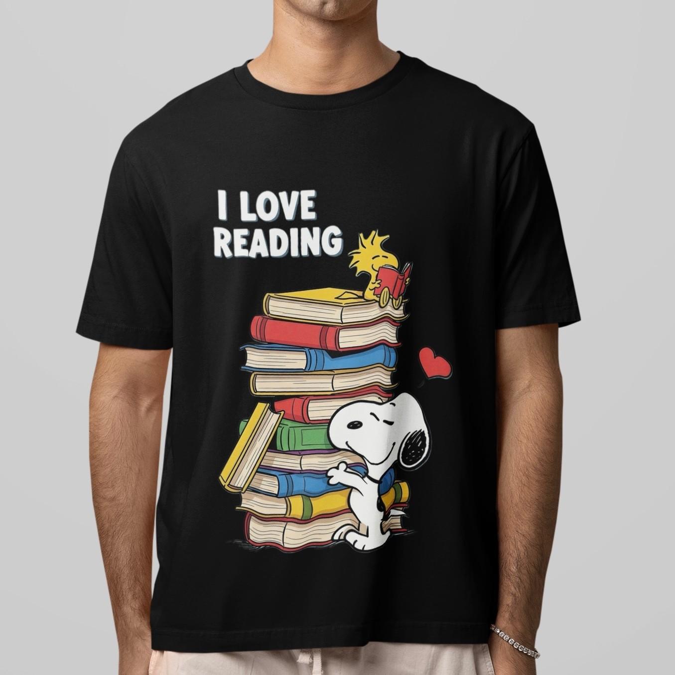 Snoopy I Love Reading T-Shirt Cute Book Lover Graphic Tee Teacher Student Gift XXL