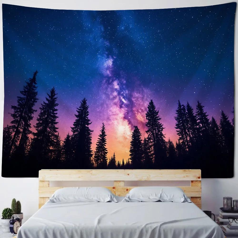 Aurora Lake Forest Starry Sky Tapestry Wall Hanging Cloth for Bedroom Headboard Living Room Sofa Decor
