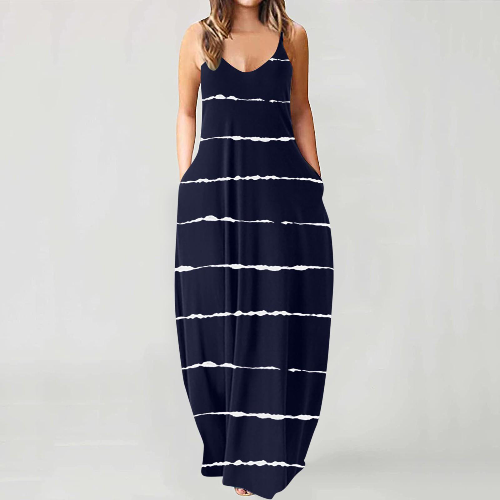 

Модное женское свободное повседневное летнее платье в полоску с принтом и карманами без рукавов XXXL