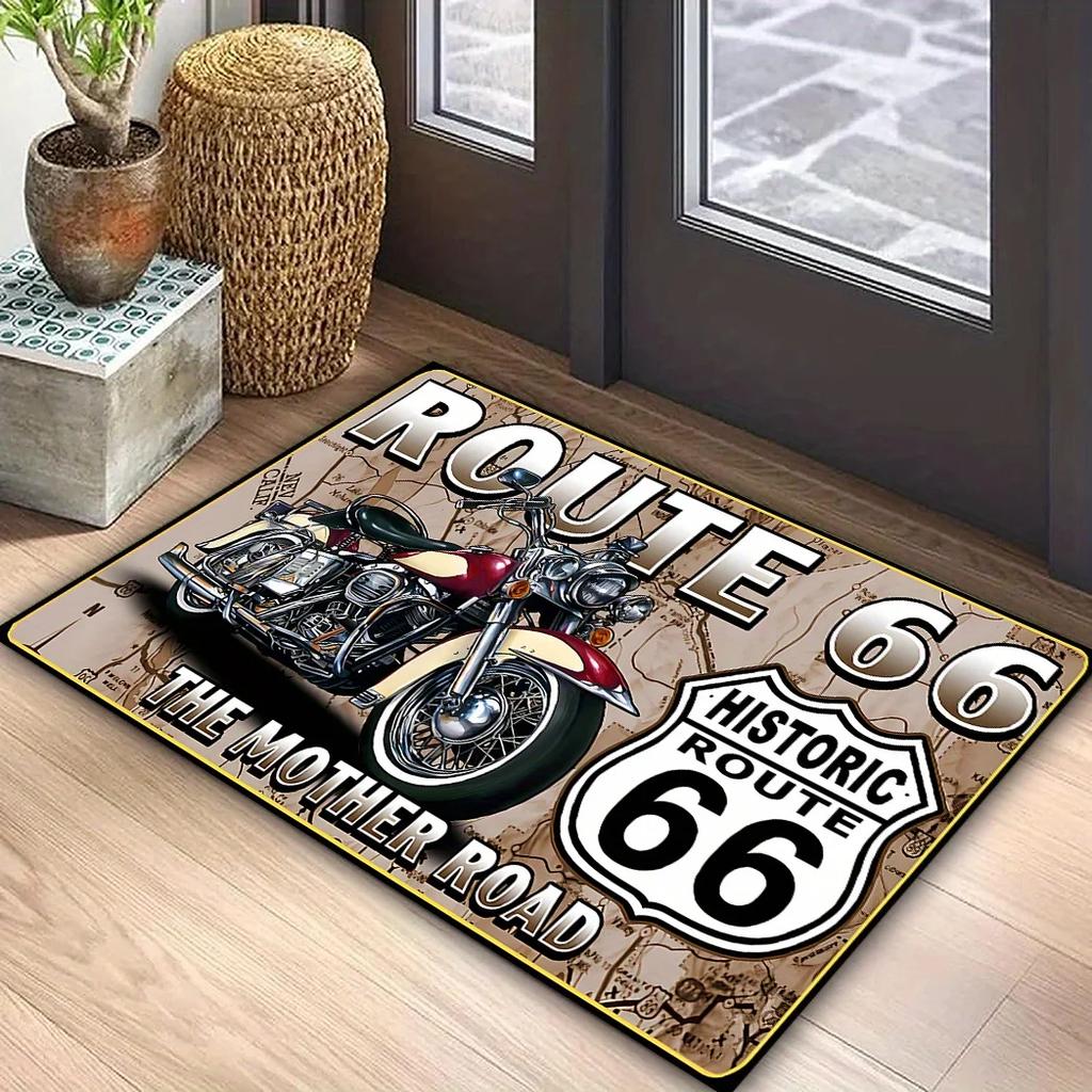 Vintage Route 66 Motorcycle Rug Washable Non Slip Floor Mat for Living Room Office Biker Gift Idea
