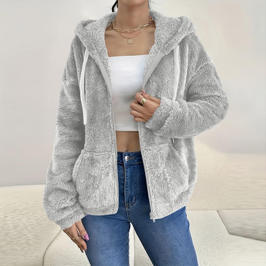 Women's Color Hooded Zip Up Cardigan with Pockets Loose Fit Coat