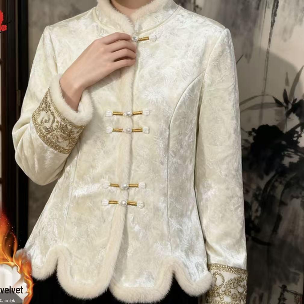 

Women s Winter Stand Collar Jacquard Shirt with Frog Buttons - Velvet Lined, Long Sleeve, Chinese Trend Style. 5XL (150-165 jin)