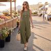 Modischer Damen-Jumpsuit mit Rundhalsausschnitt, Knöpfen, ärmellos, Tasche, lässig, Retro, weites Bein, Sieben-Viertel-Länge