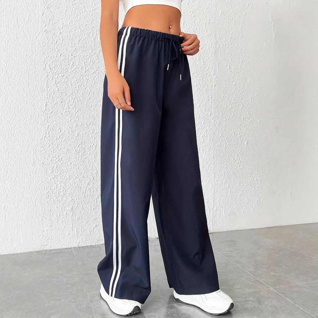 Spring Women's Elastic Waist Drawstring Pants with Side Stripes - Casual High Waist Straight Leg Sportswear
