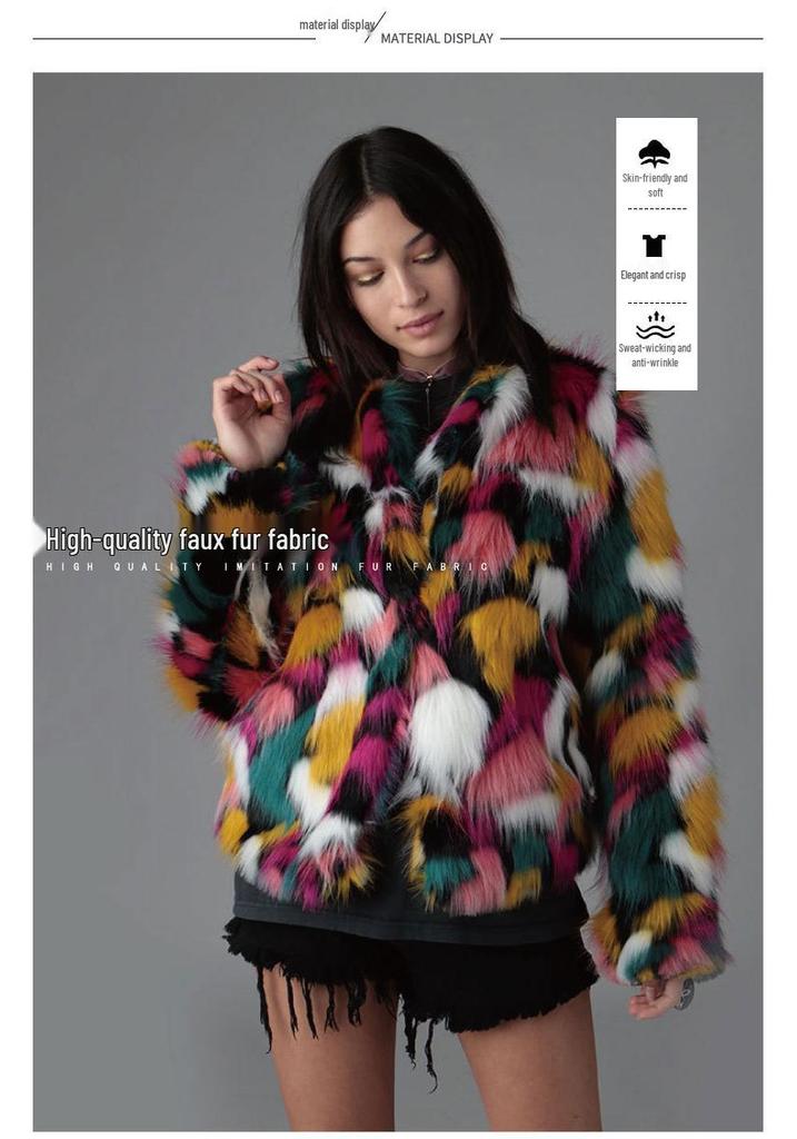 Women's Rainbow Patchwork Faux Fur Coat - Collarless, Trendy European and American Design