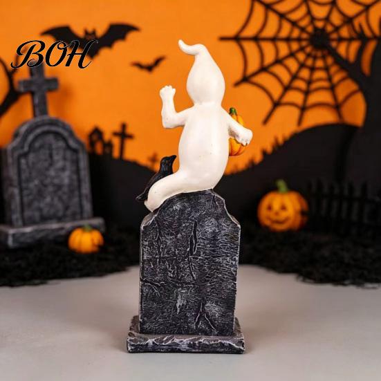 Compact Window Display Items Halloween Tombstone Figurine, Resin Ghost Pumpkin Crow on Retro Haunted House Props Statue for Desktop Holiday