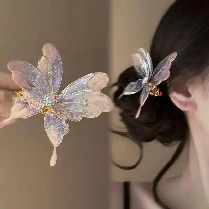 Crystal Butterfly Hair Clip Chinese Retro Heat Shrink Butterfly Hair Clip Niche Design Personality Unique Style Hanfu Side Clip