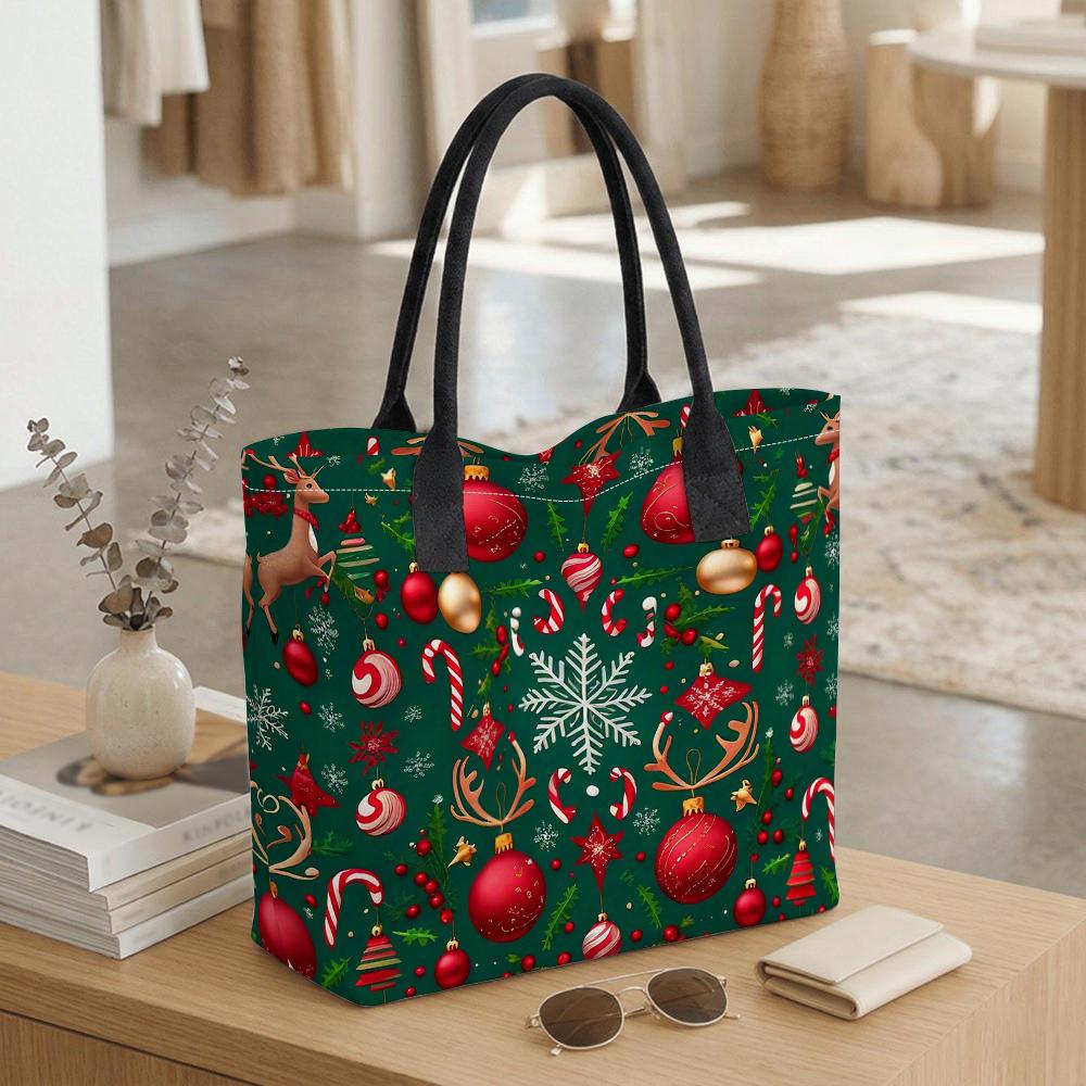 Christmas Printed Tote Bag Reusable Festive Handbag Large Capacity Grocery Bag for Holiday