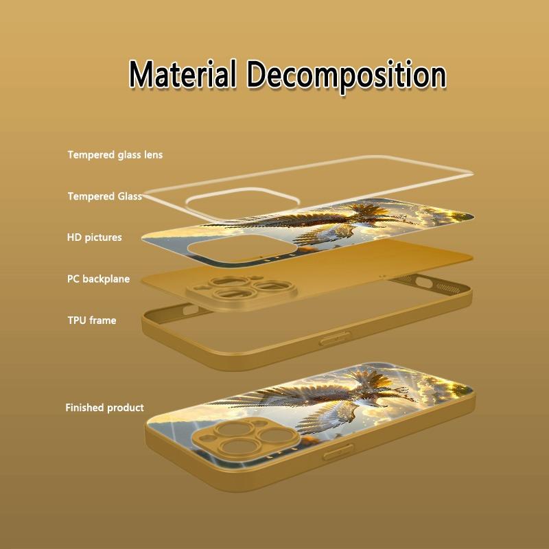 Cool Golden Eagle Pattern Gold Metallic Paint Glass Phone Case For iPhone 17 16 15 14 13 12 11 Pro Max 15 Plus 17 Air 16E Cover