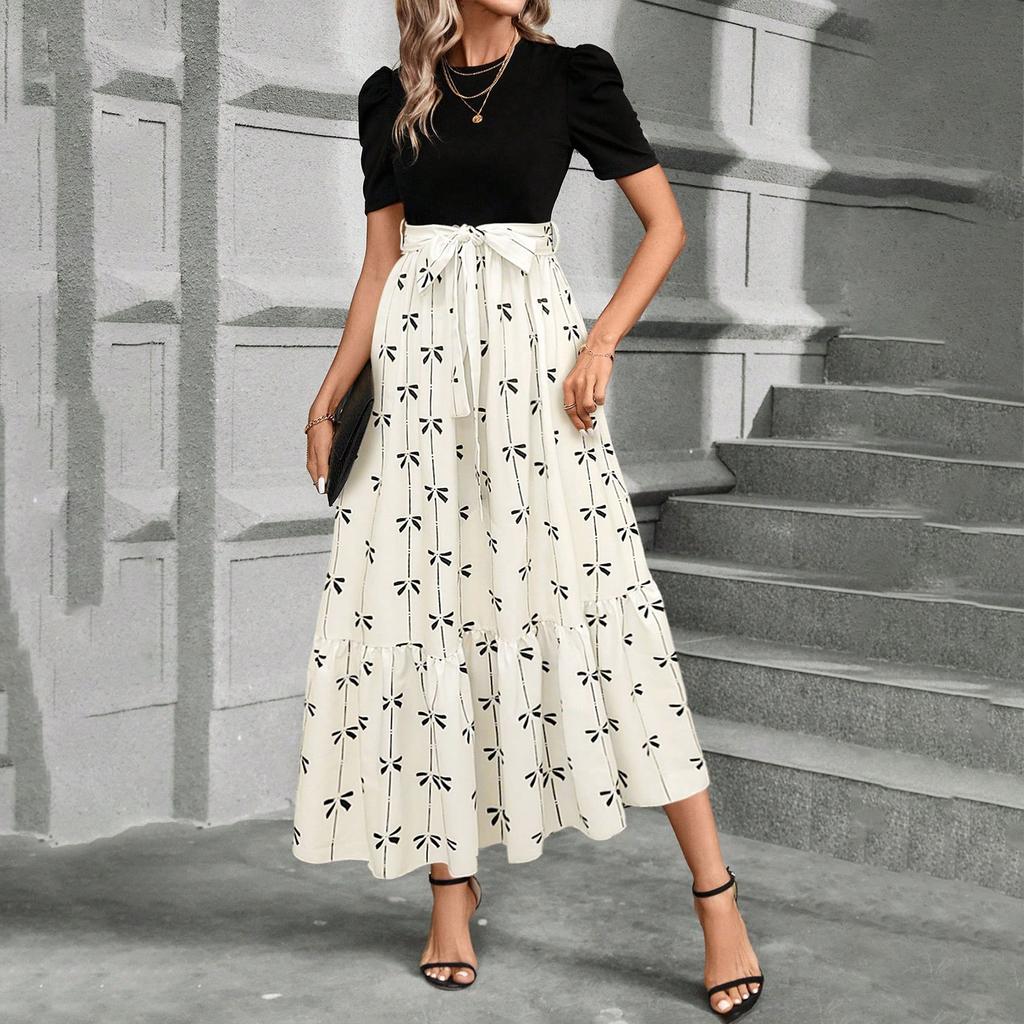 Women's Short-sleeve -color Dress With Patchwork Print, Fashionable Printed Long Dress