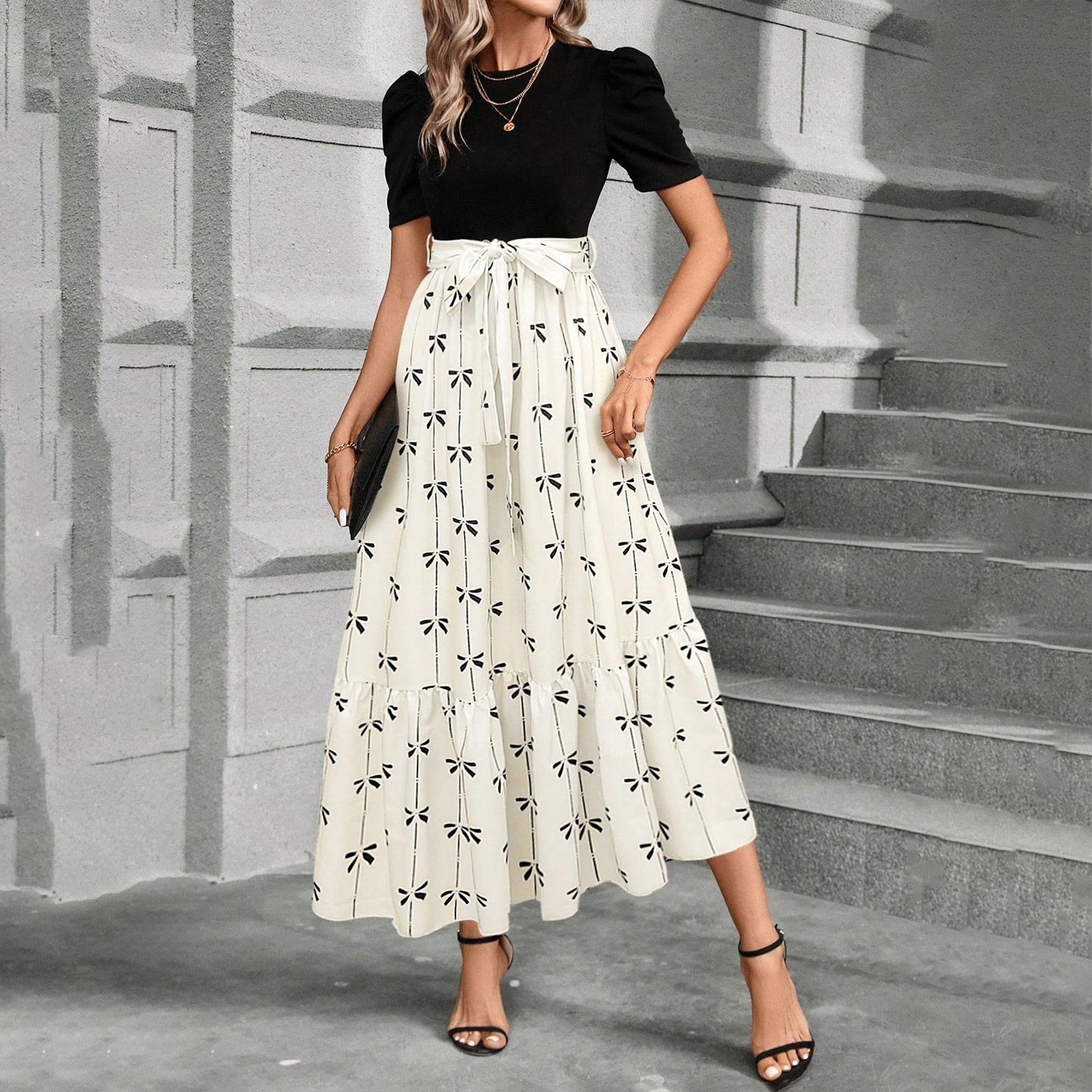 Women s Short-sleeve -color Dress With Patchwork Print, Fashionable Printed Long Dress L