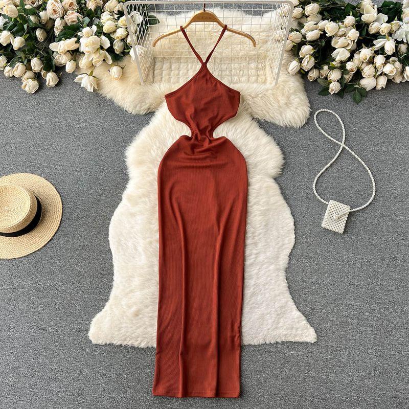 Slim Looking Hollow-out Halter Dress Socialite Mop Sling