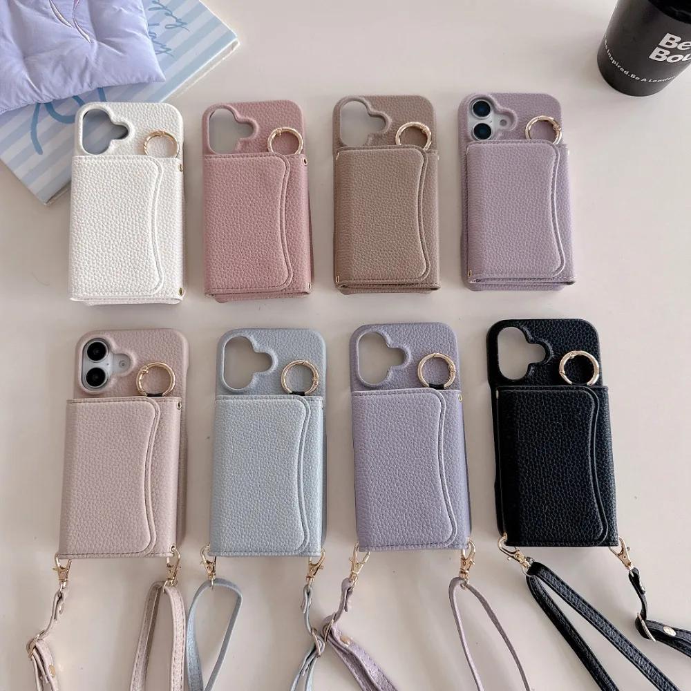 

Wallet Card Holder Slot Phone Case for IPhone 16E 16 15 14 Pro 13 12 Mini 11ProMax Ring Crossbody PU Leather Anti-fall Cover iPhone 16 чорний