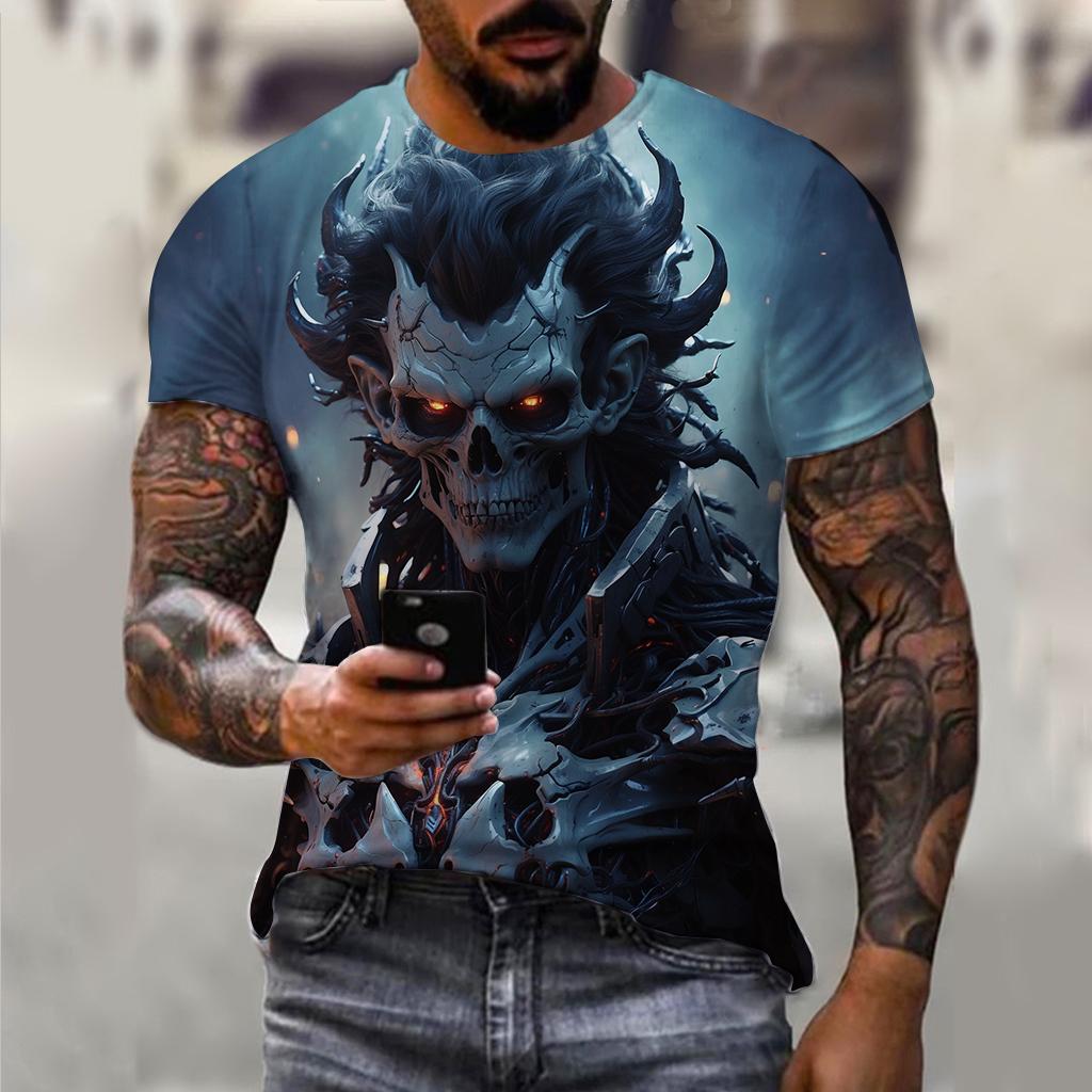 Summer Round Neck 3D Horror Skull Print Top Fashionable Casual Short Sleeved Men's T-shirts