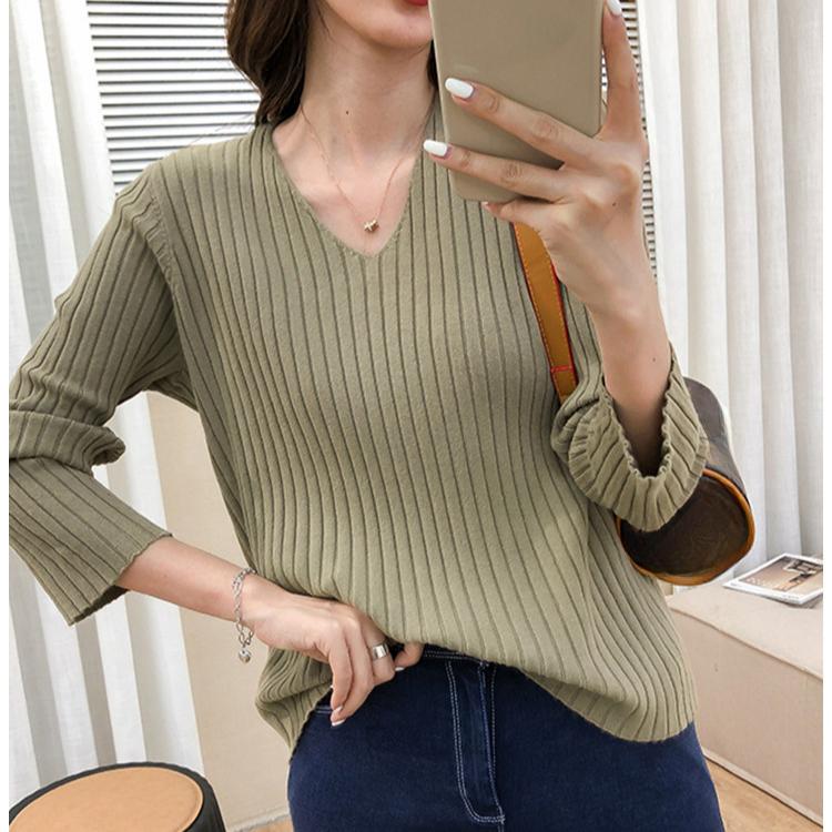 

Осенне-зимний трикотажный свитер женский свитер с V-образным вырезом и полосками, длинный рукав, низ, верх, повседневный вязаный свитер one size хаки