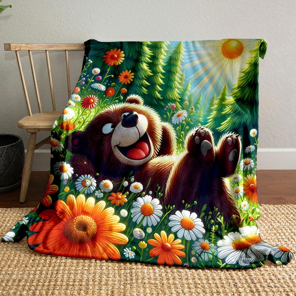 Happy Bear Relaxing In Flower Meadow Print Blanket Soft and Cozy Perfect for the Living Room Bed Sofa or a Nap,gift