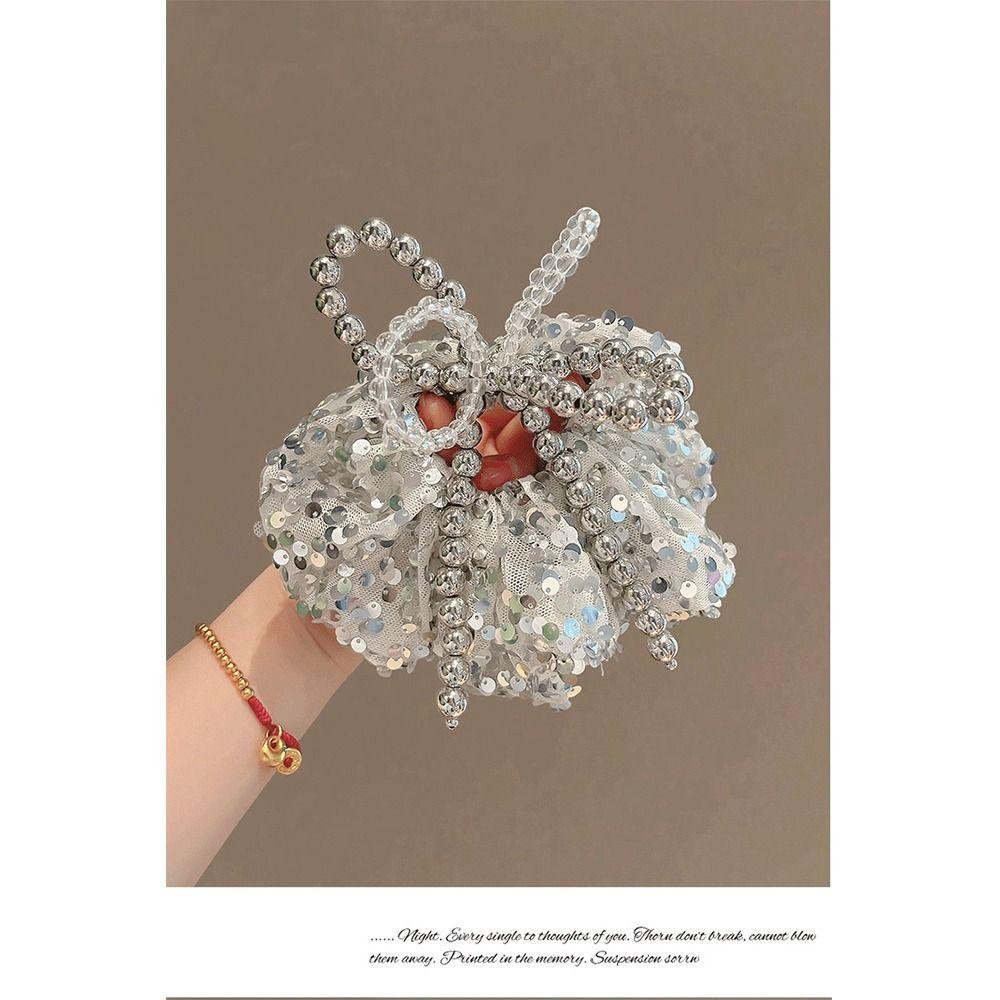 Silver Elastic Hair Tie Beaded Hair Bands 2025 New Bowknot Hair Scrunchie  for Women Girls