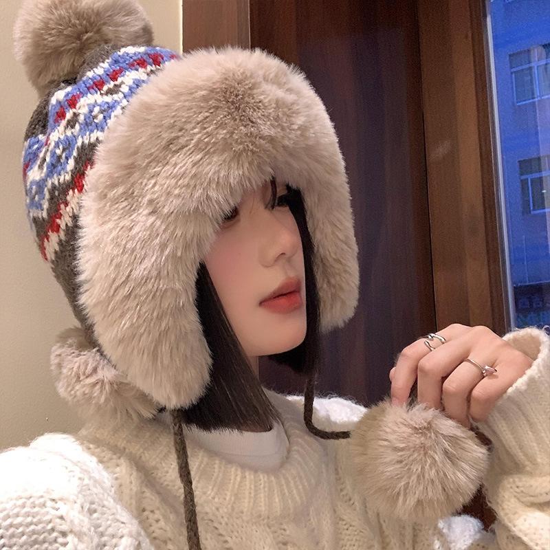 Fair Island Jacquard Knitted Lei Feng Hat Women's Winter Warm Thickened Fleece Ear Protector Outdoor Northeast Ski Hat
