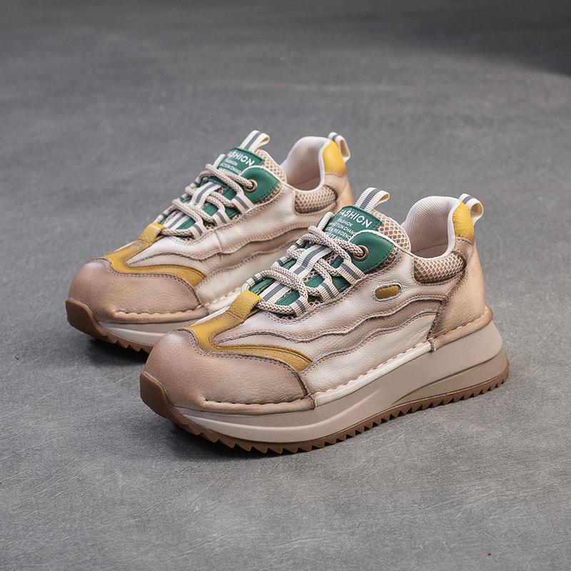 Johnature Thick Soled Mixed Colors Retro Genuine Leather Splicing Breathable Mesh Casual Sports Women's Shoes