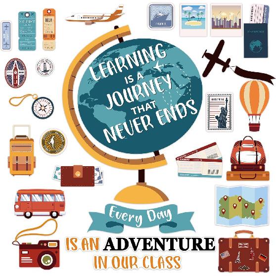 Travel Bulletin Board Decoration Learning Is a Journey Bulletin Cutouts Adventure Theme Classroom Decor Travel Map Poster Set for Teachers Students
