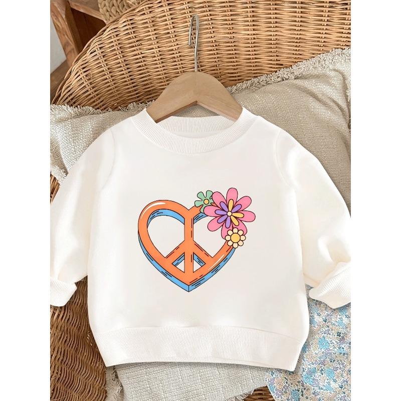 European sizes Cute Print Pattern 0-3 Years Old Kids Spring Thin Round Neck Sweatshirt Orange And Peace Symbol with Colorful Flowers Design