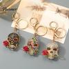 Gothic Skull Keychain Holding Rose Rhinestone for Halloween, Skeleton Bling Head Key Ring, Chain Accessory Handbags Backpacks