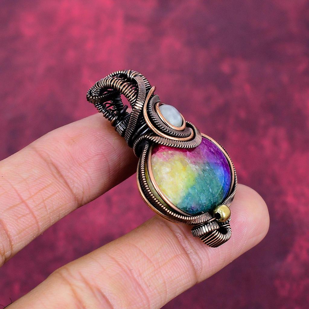 Regenbogen-Solarquarz-Druse Anhänger Kupferdraht umwickelt Regenbogenmondstein Schmuck