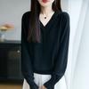 Early Autumn New V-neck Women's Knitted Sweater, Long-sleeved Lace with Black Ear Trim, Solid Color Loose Base Layer